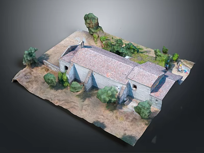 Traditional Stone Building With Red Tile Roof And Surrounding Trees And Small Yard 3d model