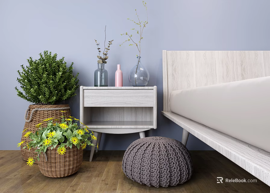 Stylish Bedside Table In Modern Bedroom Interior With Decorative Plants Vases Wicker Basket And Stool 3d model 