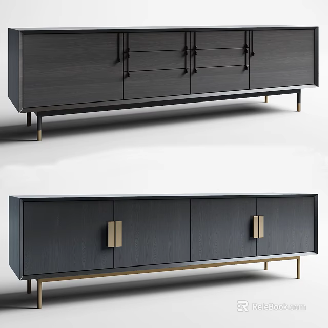 Modern TV Stand With Dark Wood Finish Gold Handles And Metal Legs 3d model 