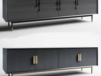 Modern TV Stand With Dark Wood Finish Gold Handles And Metal Legs 3d model