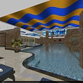 Indoor Luxury Spa Area With Round Stone Pools Blue Sky Ceiling And Glass Arched Roof