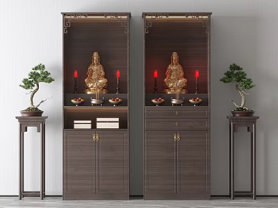 Dark Wooden Decorative Cabinets With Golden Buddha Statues Red Candles And Potted Plants 3d model