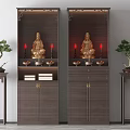 Dark Wooden Decorative Cabinets With Golden Buddha Statues Red Candles And Potted Plants