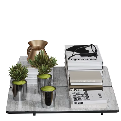 Minimalist Modern Decorative Ornament Set With Green Plants Metallic Vase And Stacked Books 3d model