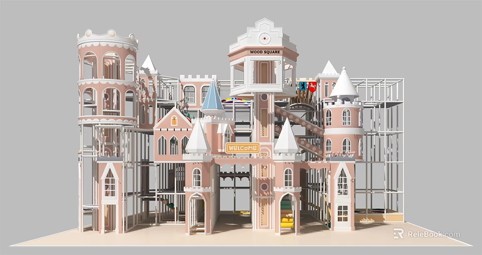 Pink And White Castle Themed Playground Equipment With Multiple Towers Slides And Stairs For Kids 3d model 