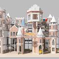 Pink And White Castle Themed Playground Equipment With Multiple Towers Slides And Stairs For Kids
