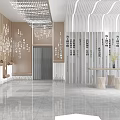 Modern School Lobby Interior With Crystal Chandelier Wall Decorations Marble Floor Seating Area And Plants