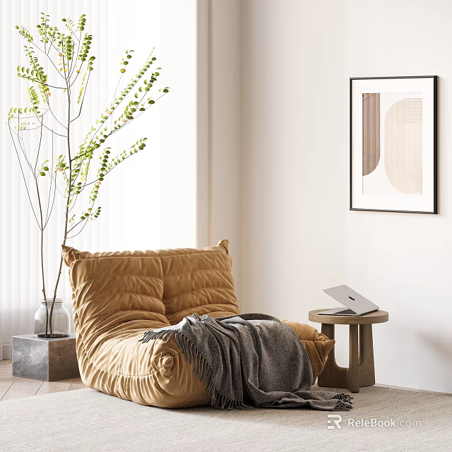 Quilted Brown Bean Bag Chair With Gray Blanket Laptop On Wooden Table In Sunlit Room 3d model 