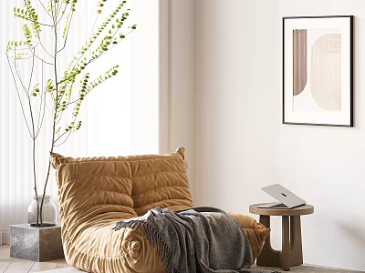 Quilted Brown Bean Bag Chair With Gray Blanket Laptop On Wooden Table In Sunlit Room 3d model