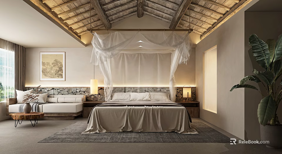 Serene Hotel Guest Room Featuring White Canopy Bed Wooden Ceiling Stone Wall And Warm Lighting 3d model 
