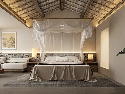 Serene Hotel Guest Room Featuring White Canopy Bed Wooden Ceiling Stone Wall And Warm Lighting 3d model