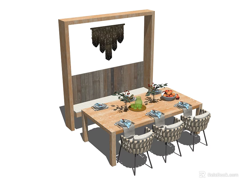 Stylish Dining Table Set With Chairs Bench Wooden Frame Chandelier And Decorations 3d model 