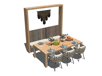 Stylish Dining Table Set With Chairs Bench Wooden Frame Chandelier And Decorations 3d model
