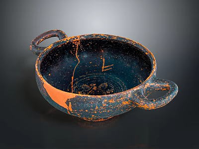 Ancient Hand Carved Clay Bowl Sculpture With Two Handles Deep Blue Orange Textured Surface 3d model