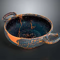 Ancient Hand Carved Clay Bowl Sculpture With Two Handles Deep Blue Orange Textured Surface