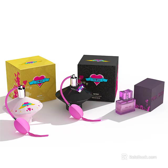 Stylish Perfume Cosmetics With Colorful Packaging Boxes Unique Bottle And Heart Logo Design 3d model 