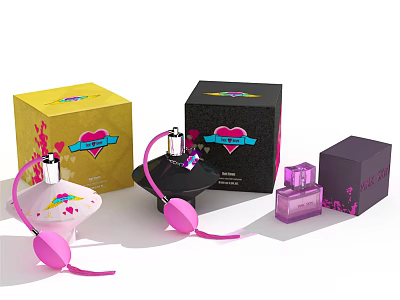 Stylish Perfume Cosmetics With Colorful Packaging Boxes Unique Bottle And Heart Logo Design 3d model