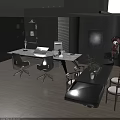 Modern Office Interior Design With Black Furniture Wooden Flooring Desk Chairs And Decorative Artwork