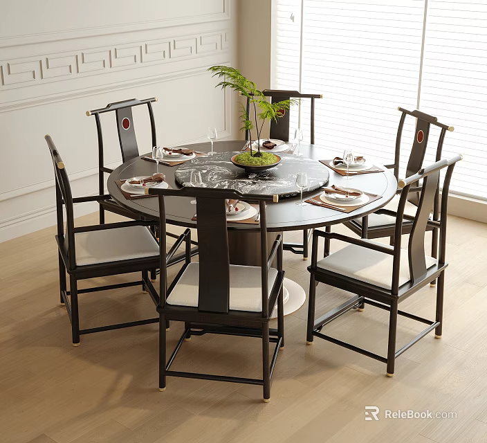 Round Dining Table And Chairs Set With Black Frame White Cushions Decorative Plants And Tableware 3d model