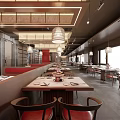 Cozy Hotpot Restaurant Interior With Wooden Tables Red Seats And Hanging Lights