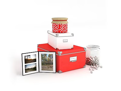 Decorative Ornament Decoration Set with Red White Storage Boxes Photo Frame Glass Jar and Silver Balls 3d model