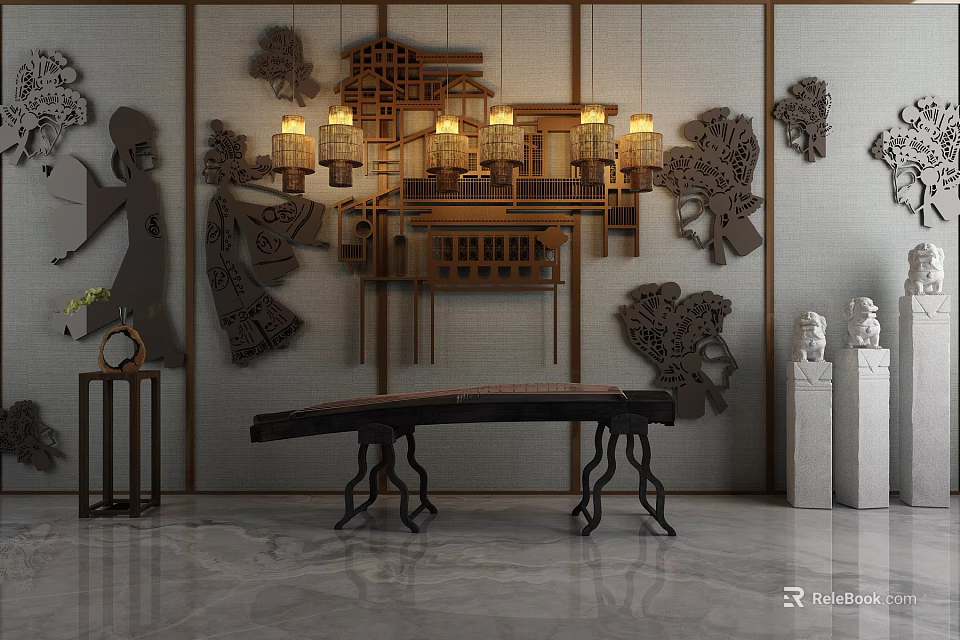 Traditional Chinese Background Wall With Carved Decorations Lantern Pendant Lights Guzheng And Stone Lion Ornaments 3d model 
