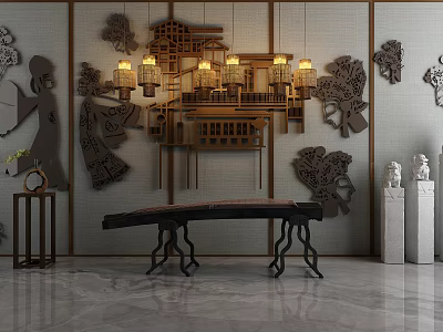 Traditional Chinese Background Wall With Carved Decorations Lantern Pendant Lights Guzheng And Stone Lion Ornaments 3d model
