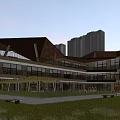 Modern School Building Featuring Sloped Roof Large Windows And Green Lawn With Children Playing