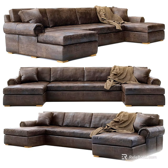 Modern Brown Leather L Shaped Sectional Sofa With Cozy Throw Blanket 3d model