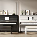 Elegant Musical Instruments And Art Supplies With Black White Upright Pianos Framed Artworks And Figurines