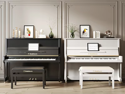 Elegant Musical Instruments And Art Supplies With Black White Upright Pianos Framed Artworks And Figurines 3d model