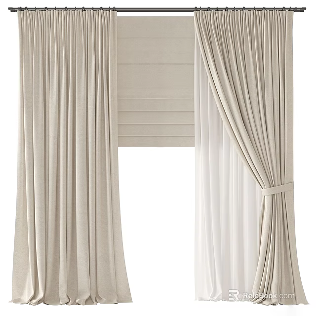 Elegant Beige And White Linen Curtains With Tiebacks And Modern Window Blinds 3d model 