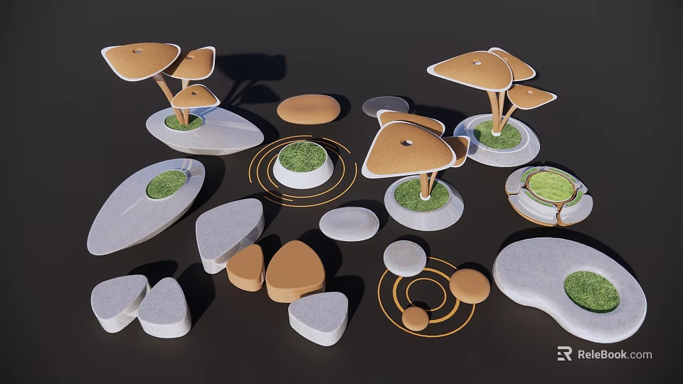 Creative Stone Tree Planters With Varied Shapes Greenery And Decorative Patterns 3d model