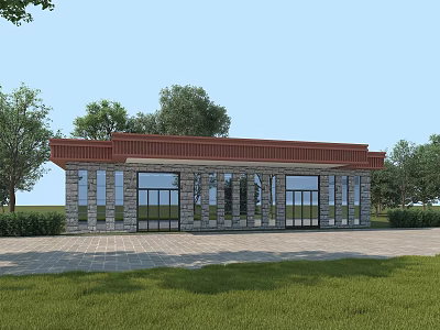 Modern Building Exterior With Red Roof Stone Walls Glass Windows And Green Lawn 3d model