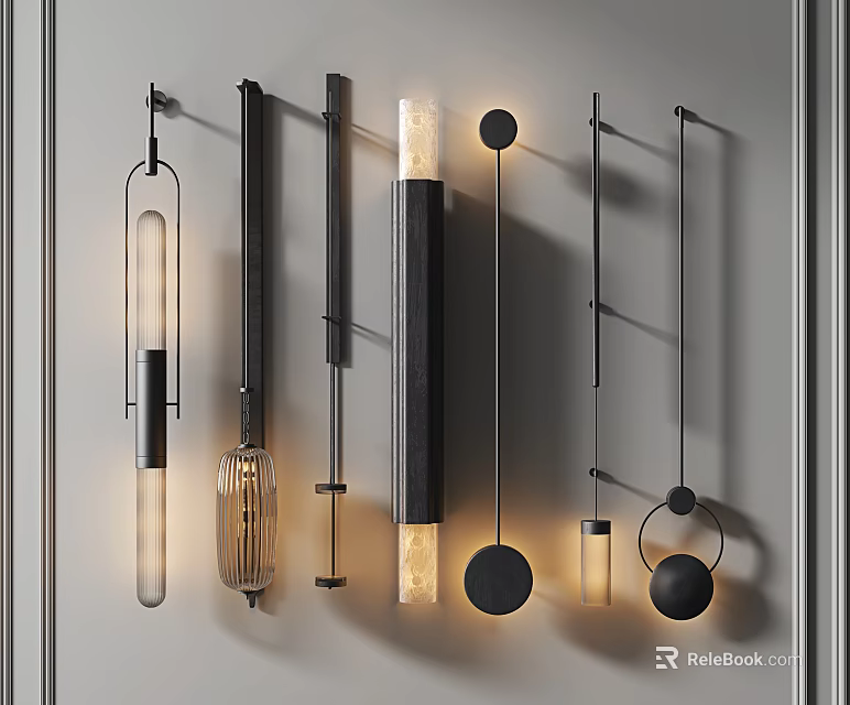 Modern Wall Lamps With Various Metal And Glass Designs Tubular Circular Shapes Illuminated On Wall 3d model 