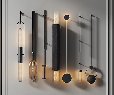 Modern Wall Lamps With Various Metal And Glass Designs Tubular Circular Shapes Illuminated On Wall 3d model