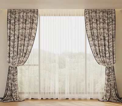 Decorative Pattern Curtains With Sheer Layers And Green Outdoor View 3d model