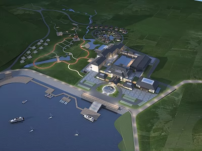 Scenic Waterfront Resort Hotel Building With Marina Dock And Lush Green Landscaping 3d model