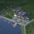 Scenic Waterfront Resort Hotel Building With Marina Dock And Lush Green Landscaping