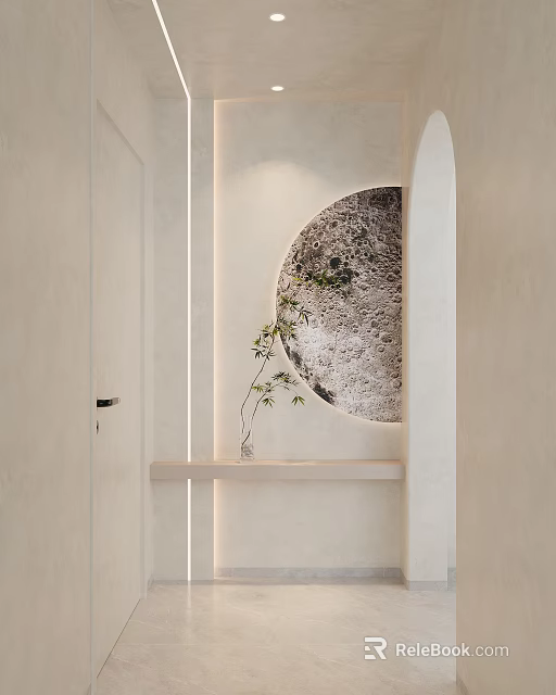 Minimalist Foyer Hallway Interior With Circular Accent Shelf And Plant 3d model 