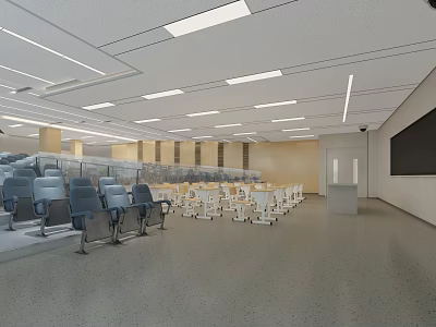 School Spacious Classroom With Blue Seats White Desks Blackboard Strip Lights And Wooden Walls 3d model