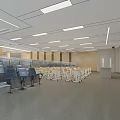 School Spacious Classroom With Blue Seats White Desks Blackboard Strip Lights And Wooden Walls