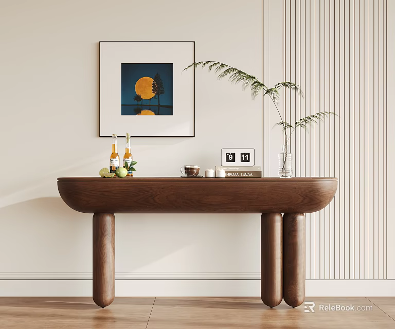 Modern Wooden Console Table With Curved Legs And Potted Plant Wall Art 3d model 