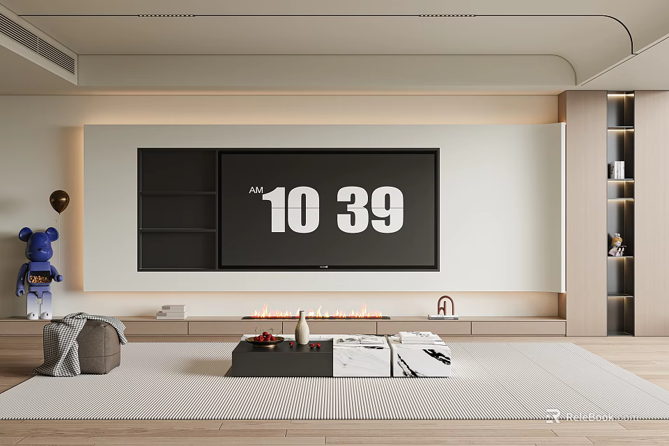 Modern TV Wall Interior Design With Open Shelves TV Stand And Fireplace 3d model 