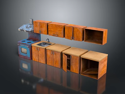 Modern Wooden Kitchen Cabinet Set With Blue Stove Sink And Range Hood 3d model