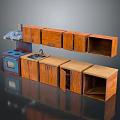 Modern Wooden Kitchen Cabinet Set With Blue Stove Sink And Range Hood
