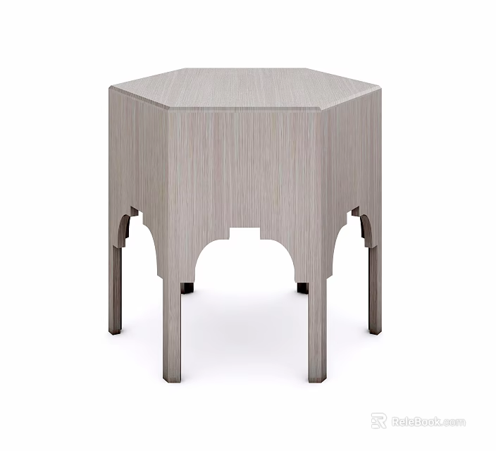 Light Gray Hexagonal Side Table With Wooden Texture And Curved Legs 3d model 