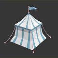 Blue And White Striped Tent Furniture With Flag On Top And Ropes At Bottom