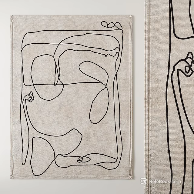 Modern Square Rug With Abstract Black Line Patterns On Light Background 3d model