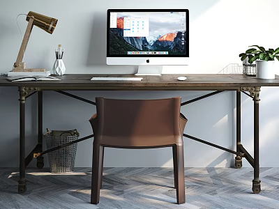 Industrial Style Wooden Office Desk With Computer Monitor Wooden Lamp Pen Holder And Brown Chair 3d model